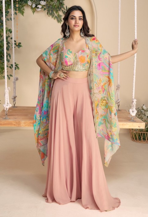 Pink Golden Multicolor Sharara Set with Embroidered Blouse & Printed Shrug